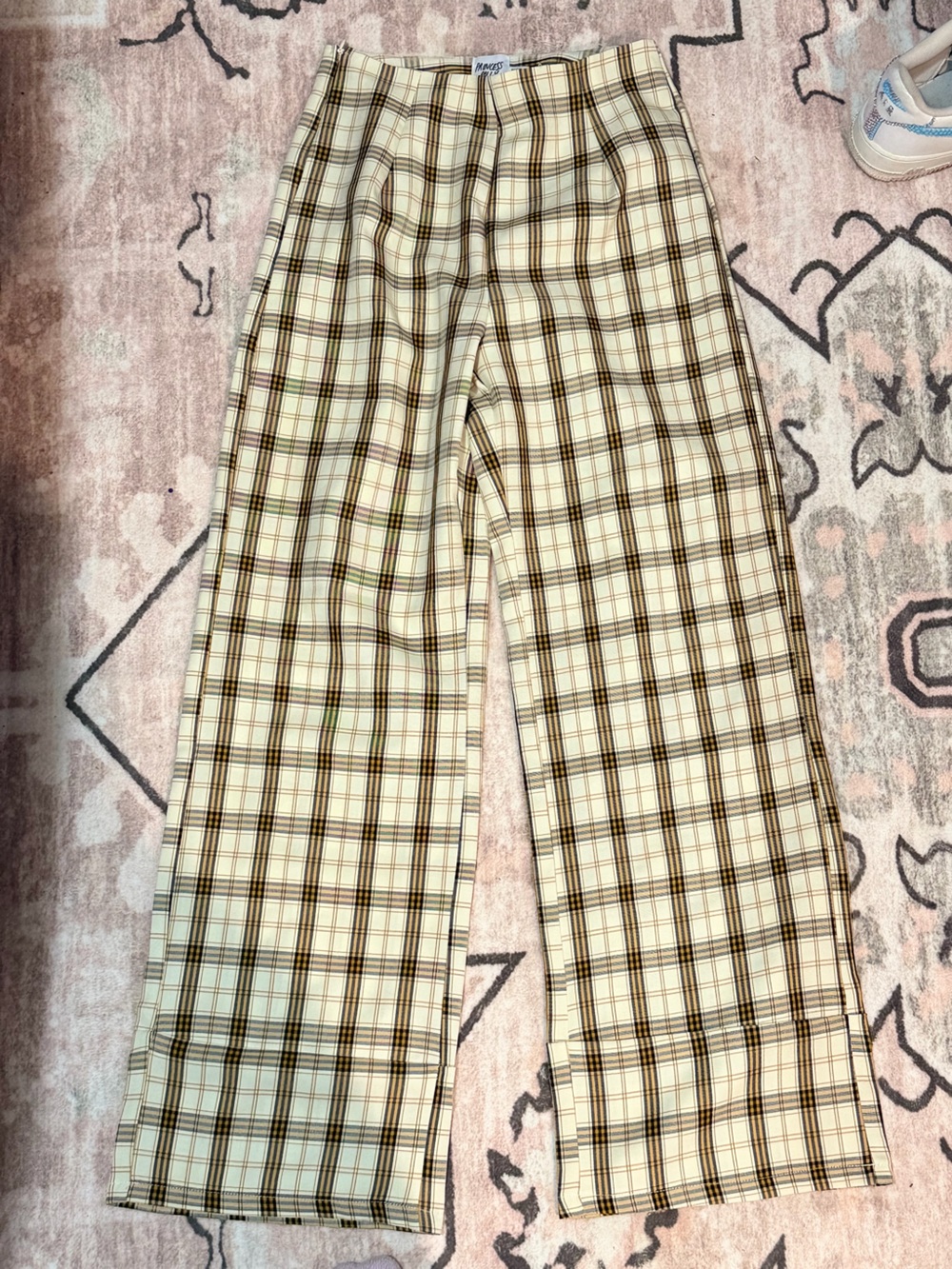 Princess Polly Cream Plaid Straight-Leg Pants